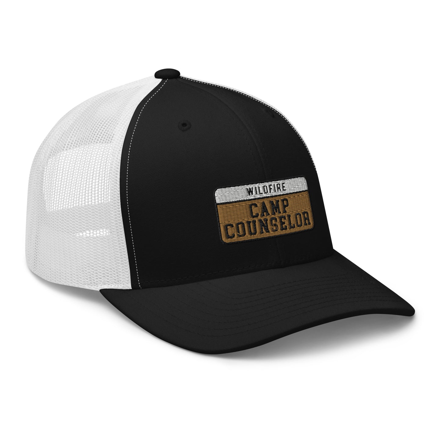 Wildfire Cigars embroidered Camp Counselor retro trucker in black and white facing the front right