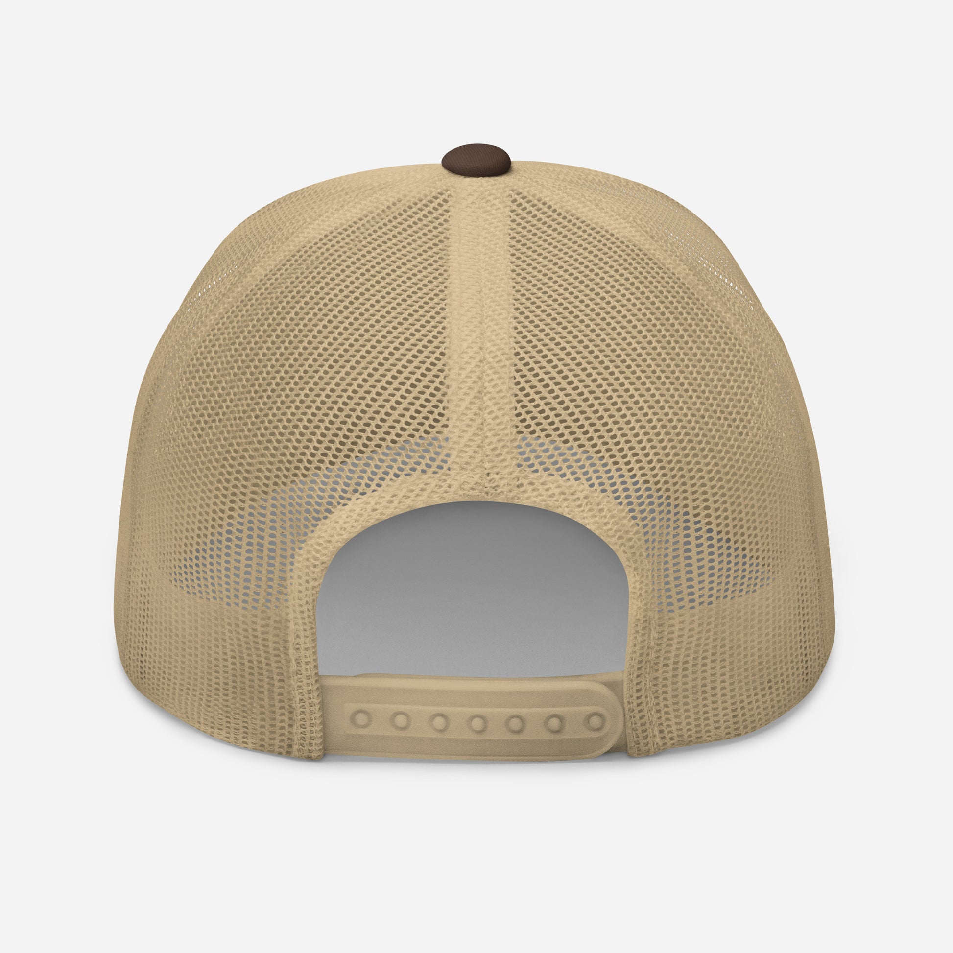 Wildfire Cigars embroidered retro trucker hat in brown and khaki back view