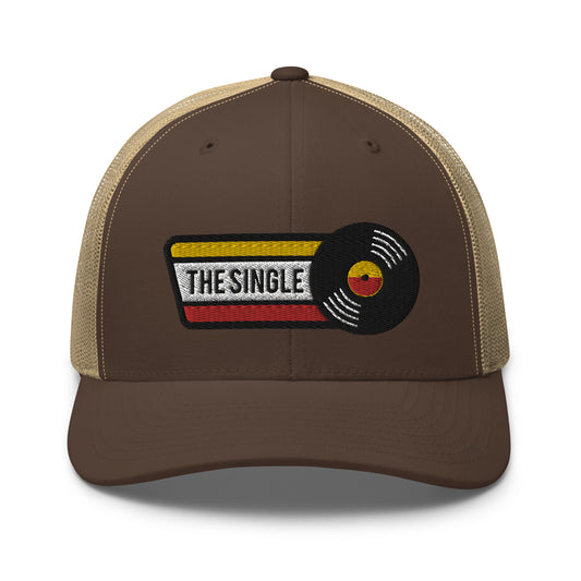 Wildfire Cigars The Single embroidered trucker hat in brown and khaki facing the front