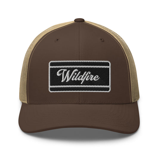 Wildfire Cigars embroidered retro trucket hat in brown and khaki facing the front
