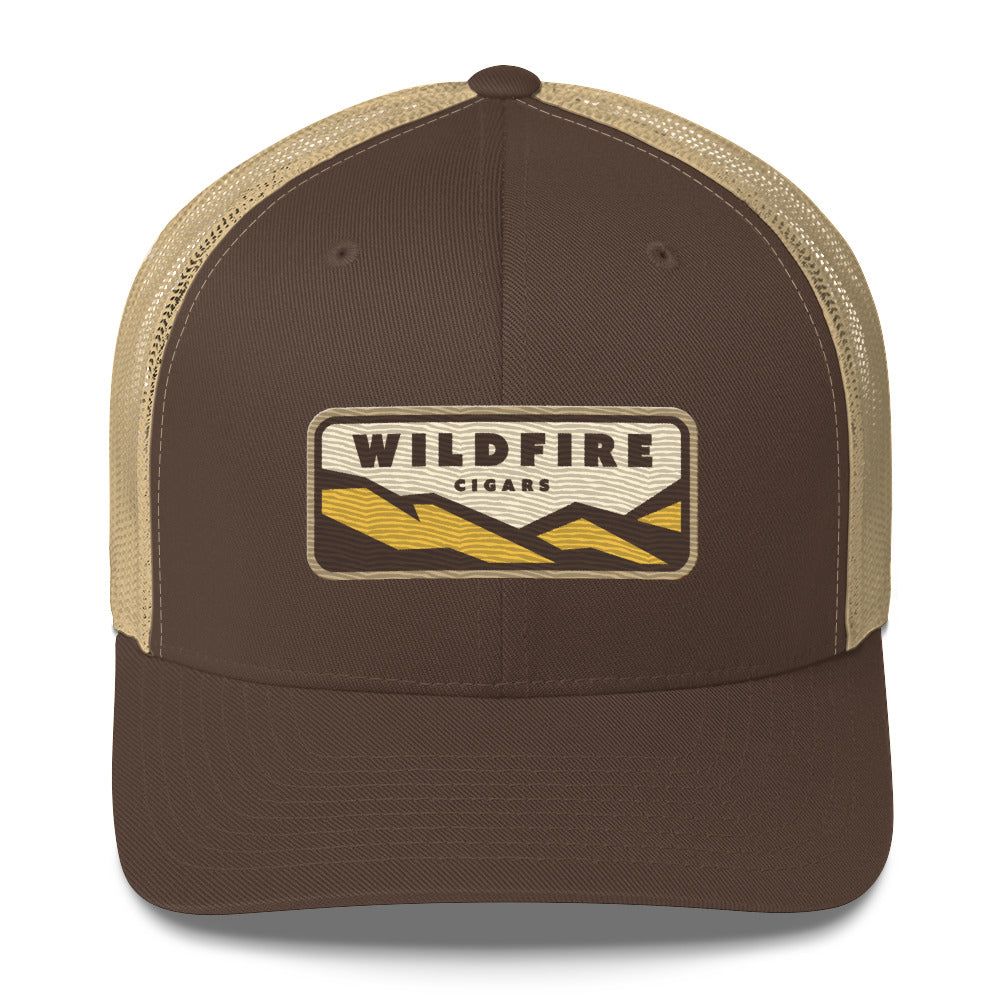 Wildfire Cigars embroidered retro trucker hat in brown and khaki front view