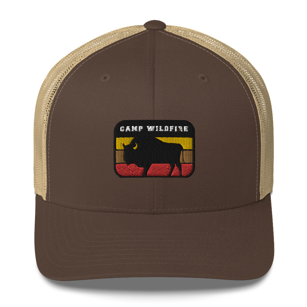 Wildfire Cigars embroidered camp wildfire bison retro trucker hat in brown and khaki front view