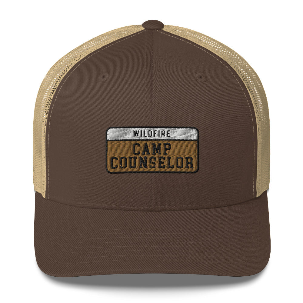 Wildfire Cigars embroidered Camp Counselor retro trucker in brown and khaki facing the front