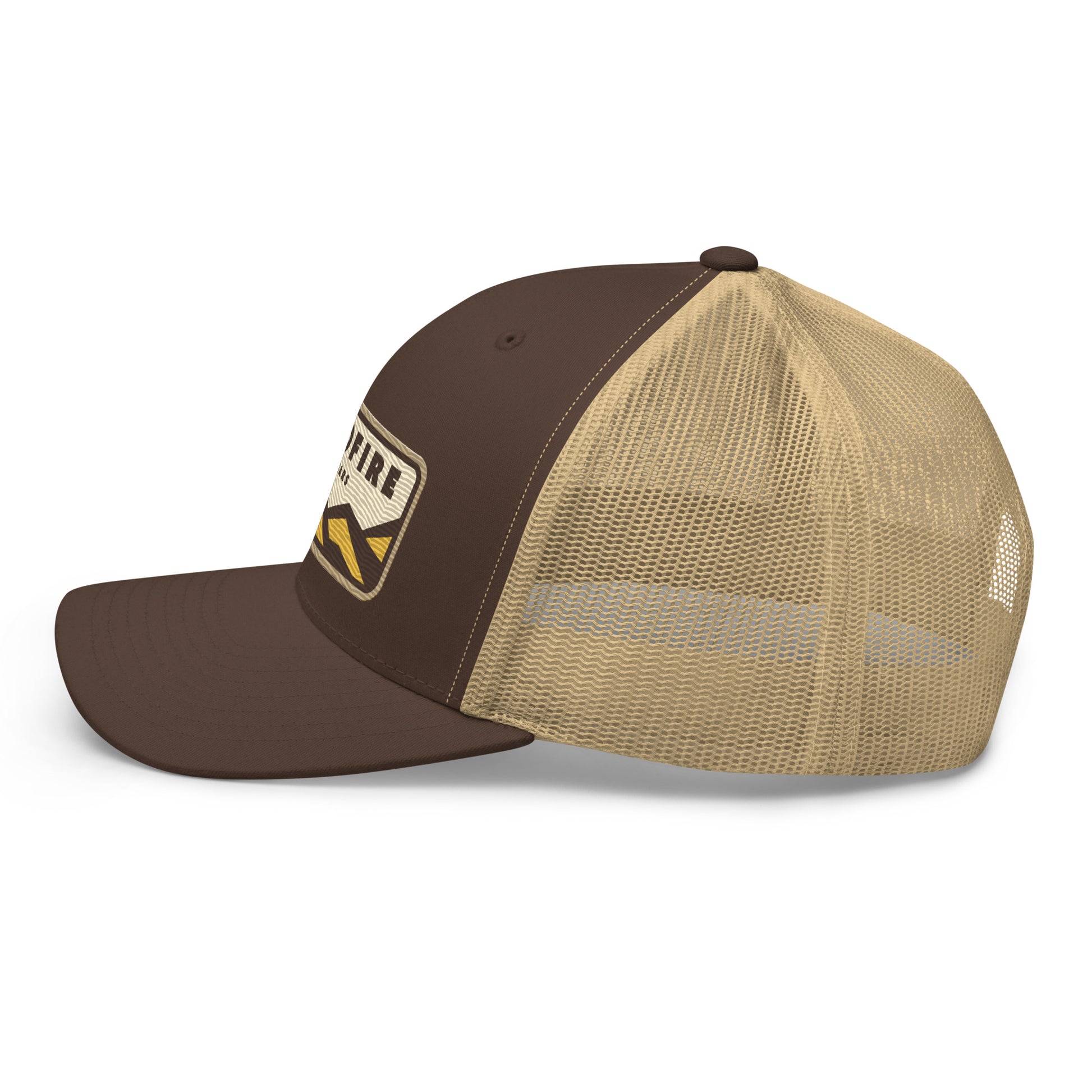 Wildfire Cigars embroidered retro trucker hat in brown and khaki left side view