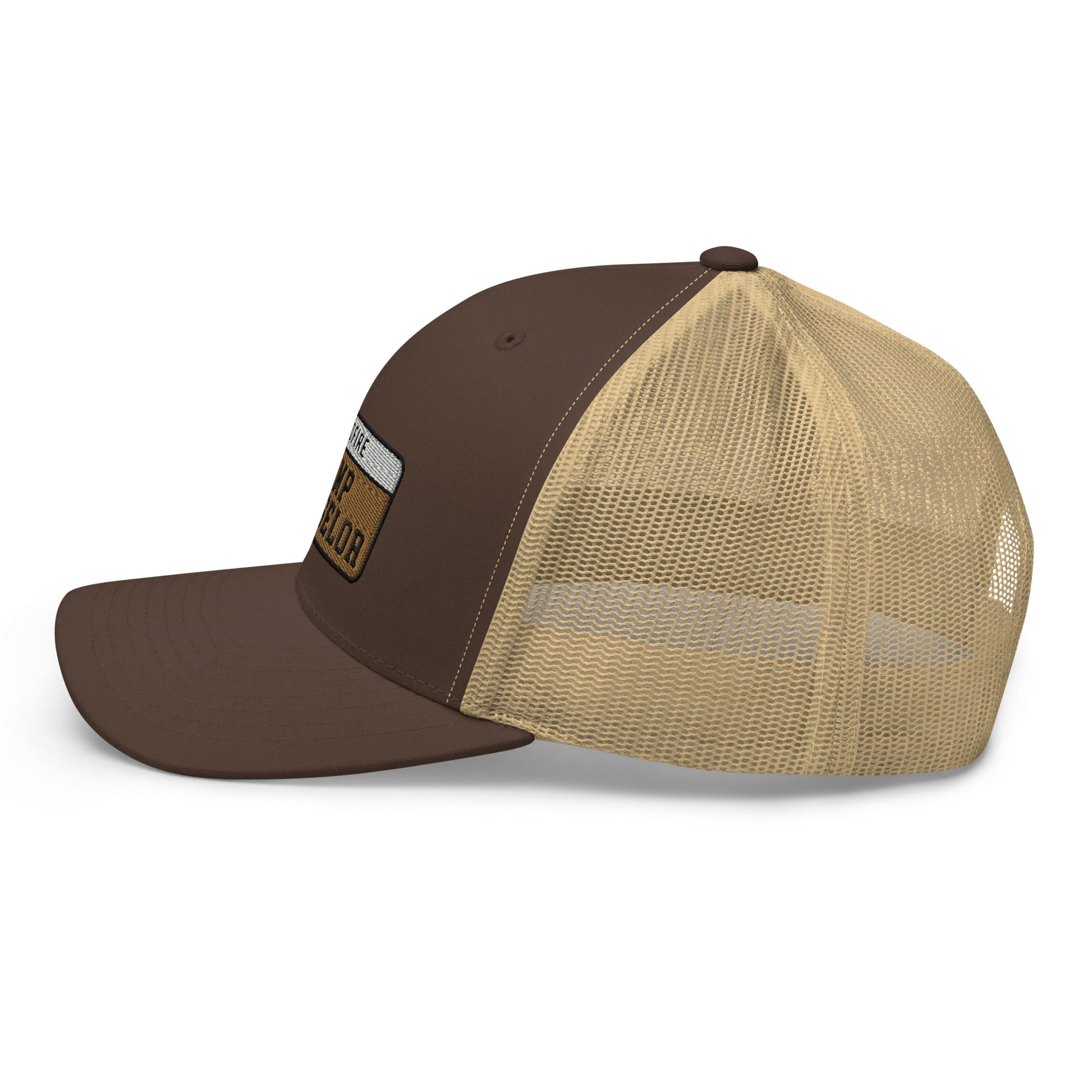 Wildfire Cigars embroidered Camp Counselor retro trucker in brown and khaki facing the left