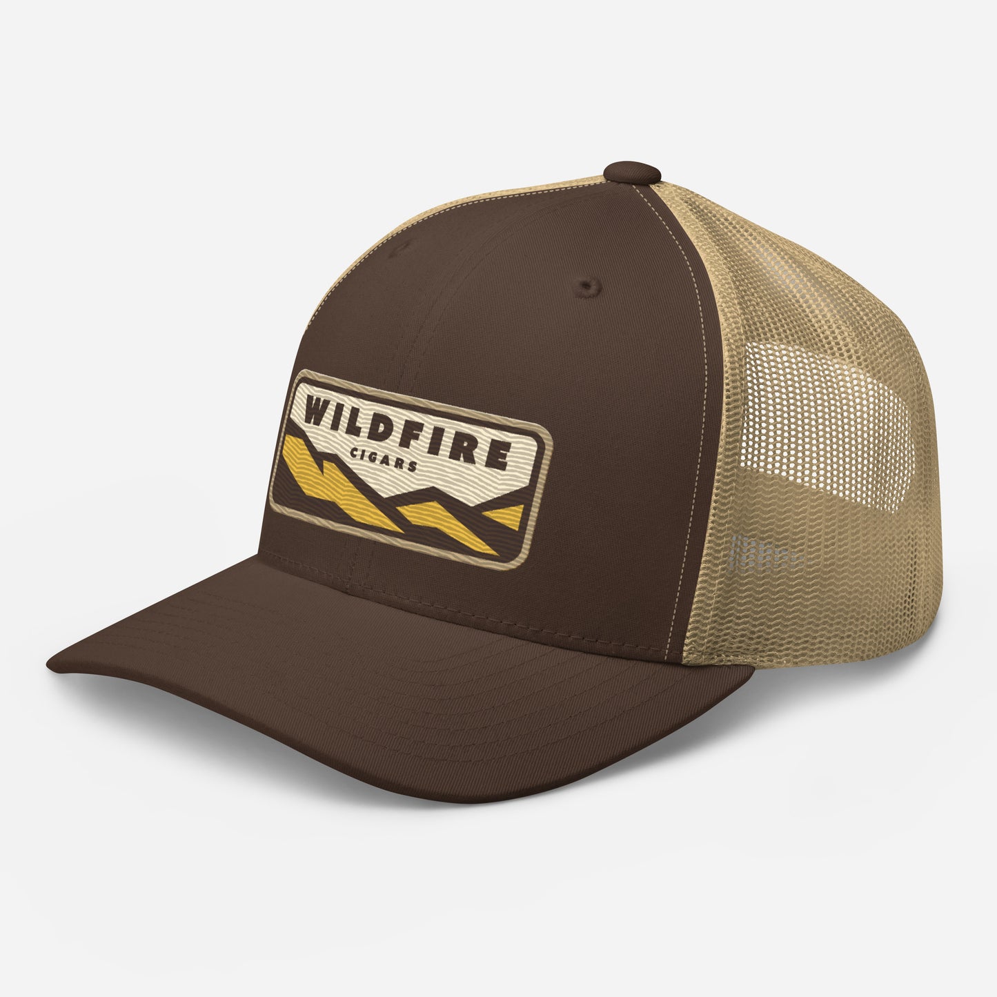 Wildfire Cigars embroidered retro trucker hat in brown and khaki front left view