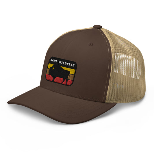 Wildfire Cigars embroidered camp wildfire bison retro trucker hat in brown and khaki front left view