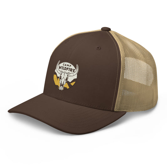 Wildfire Cigars embroidered bison skull retro trucker hat in brown and khaki front left view