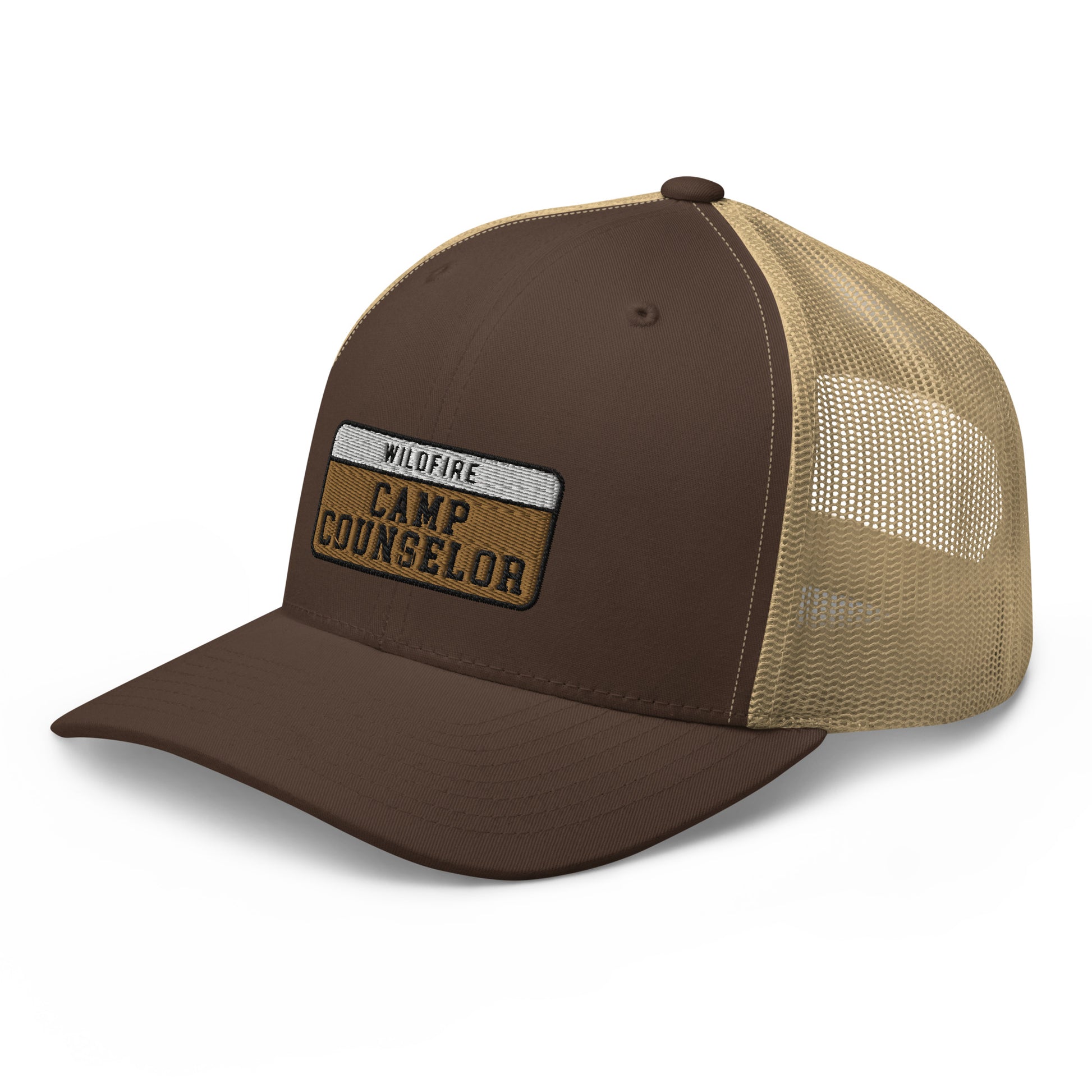 Wildfire Cigars embroidered Camp Counselor retro trucker in brown and khaki facing the front left