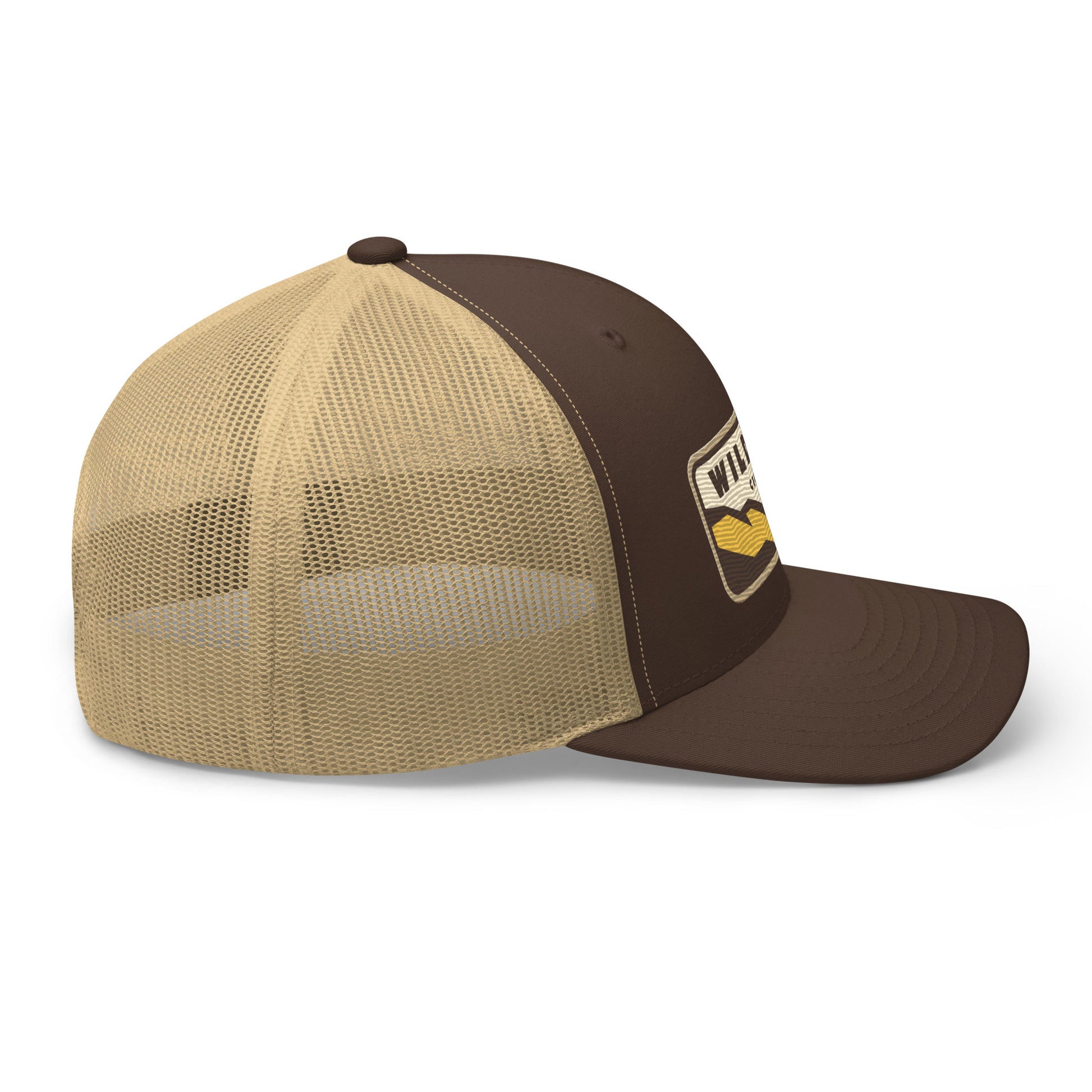 Wildfire Cigars embroidered retro trucker hat in brown and khaki right side view