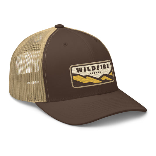 Wildfire Cigars embroidered retro trucker hat in brown and khaki front right view