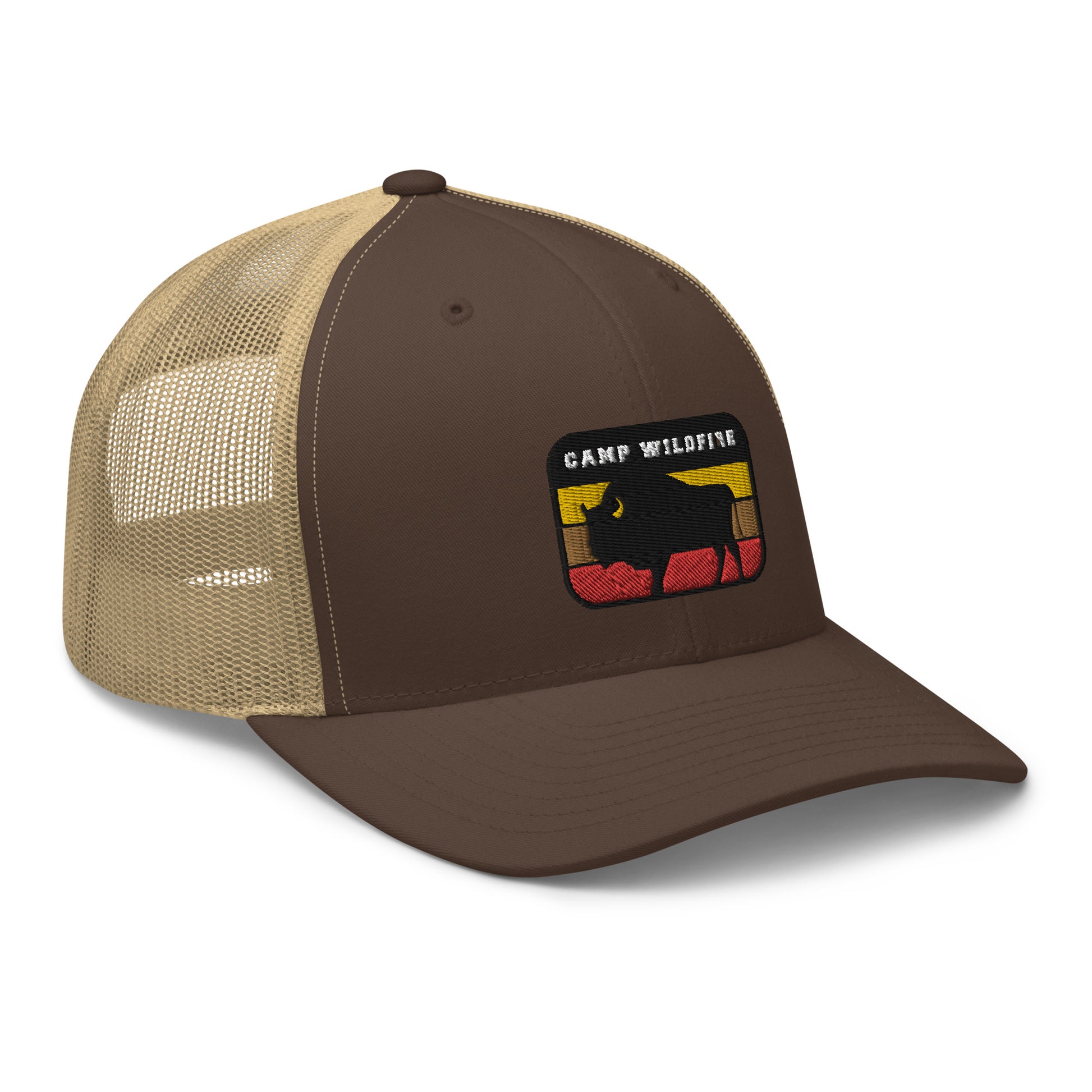 Wildfire Cigars embroidered camp wildfire bison retro trucker hat in brown and khaki front right view