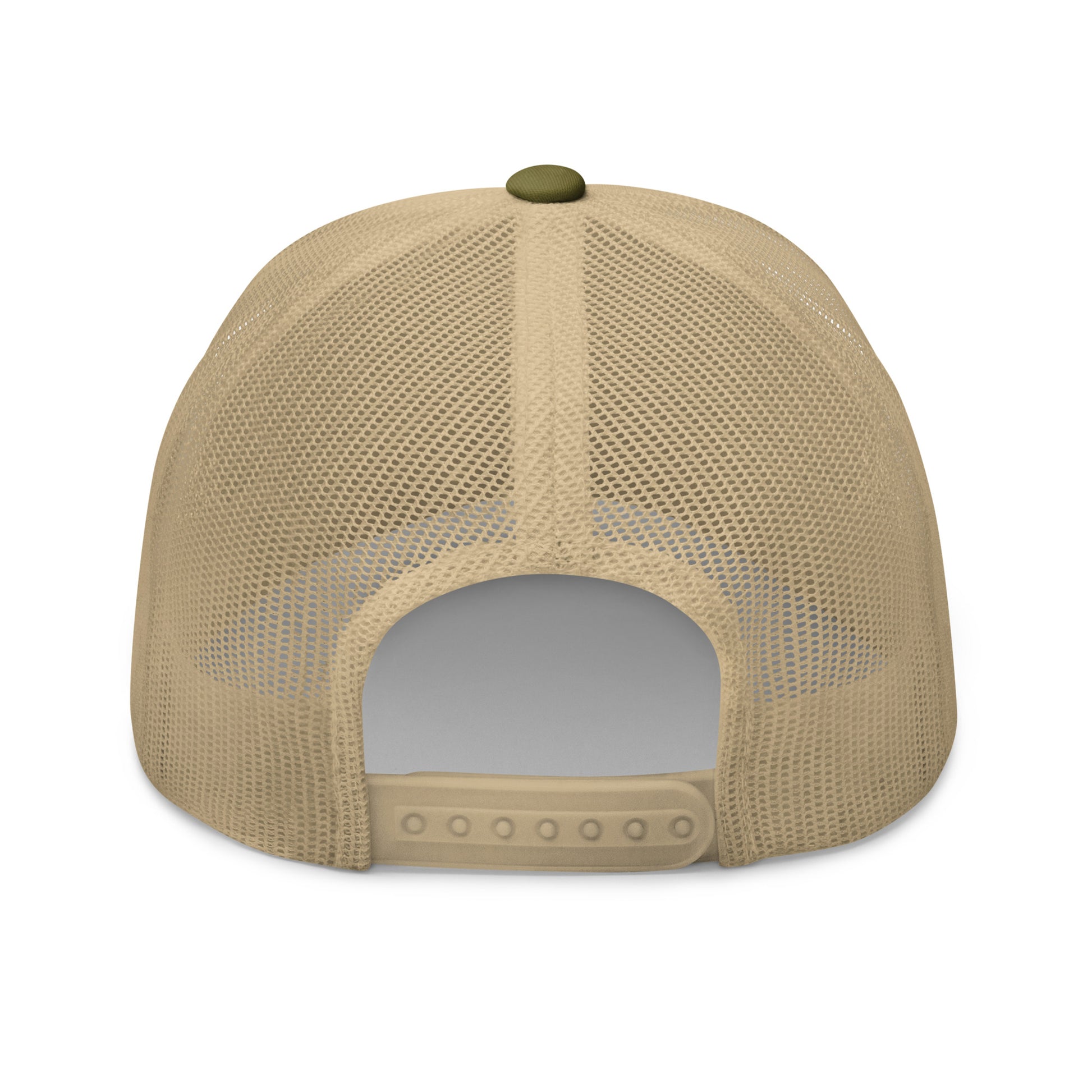 Wildfire Cigars retro trucker hat in moss and khaki facing the back