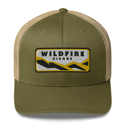 Wildfire Cigars retro trucker hat in moss and khaki from the front