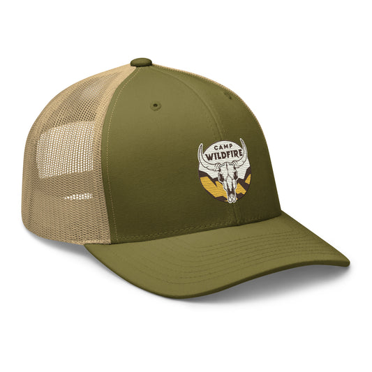 Wildfire Cigars embroidered bison skull retro trucker hat in green and khaki front right view
