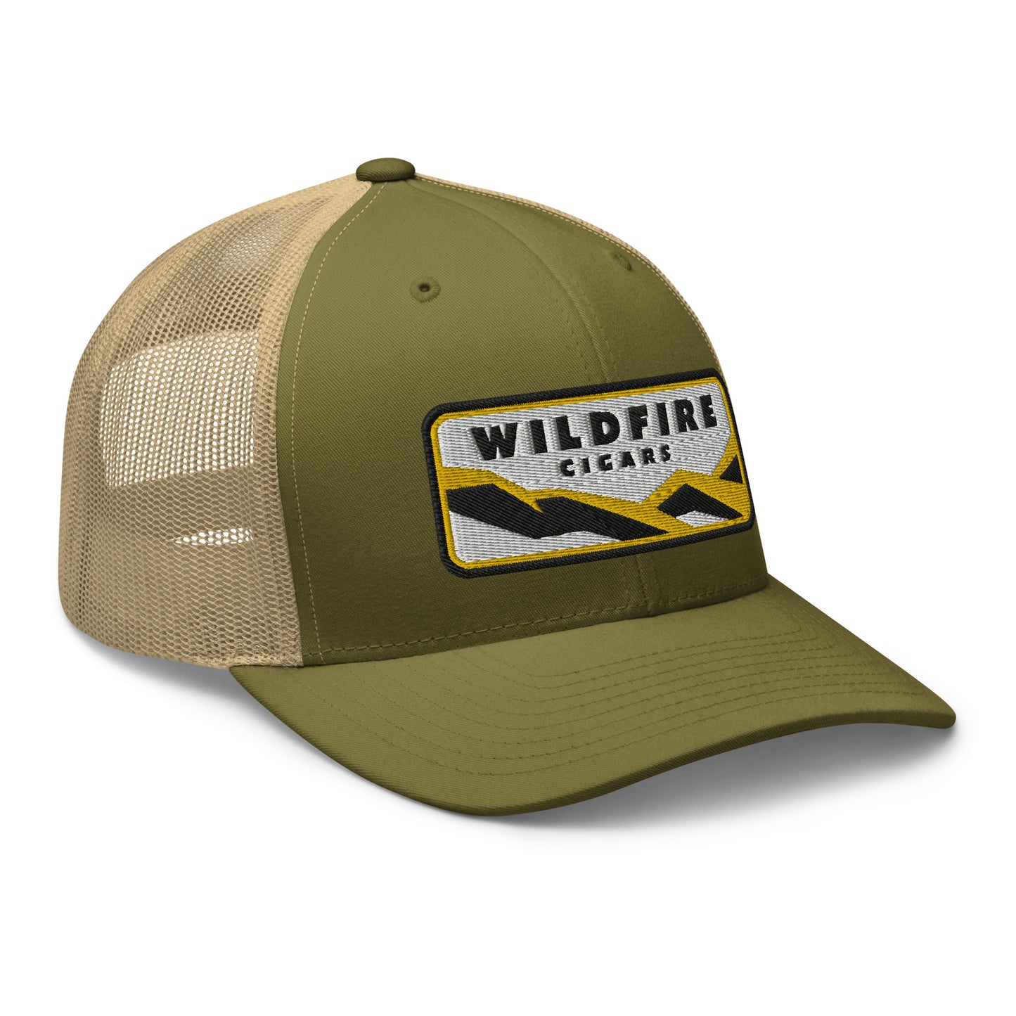 Wildfire Cigars retro trucker hat in moss and khaki facing from the front at a right angle