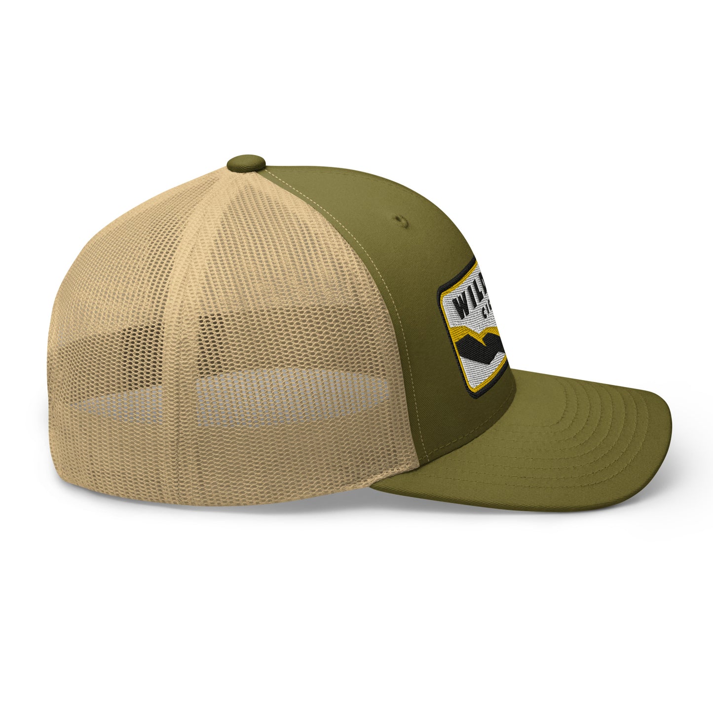 Wildfire Cigars retro trucker hat in moss and khaki facing the right