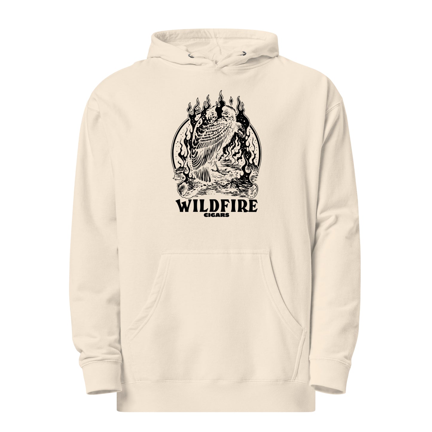 Wildfire Cigars Vulture on Campfire mid-weight hoodie in boned facing the front