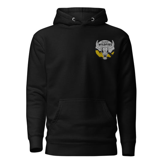 Wildfire Cigars embroidered bison skull on the left chest of a black premium hoodie facing the front