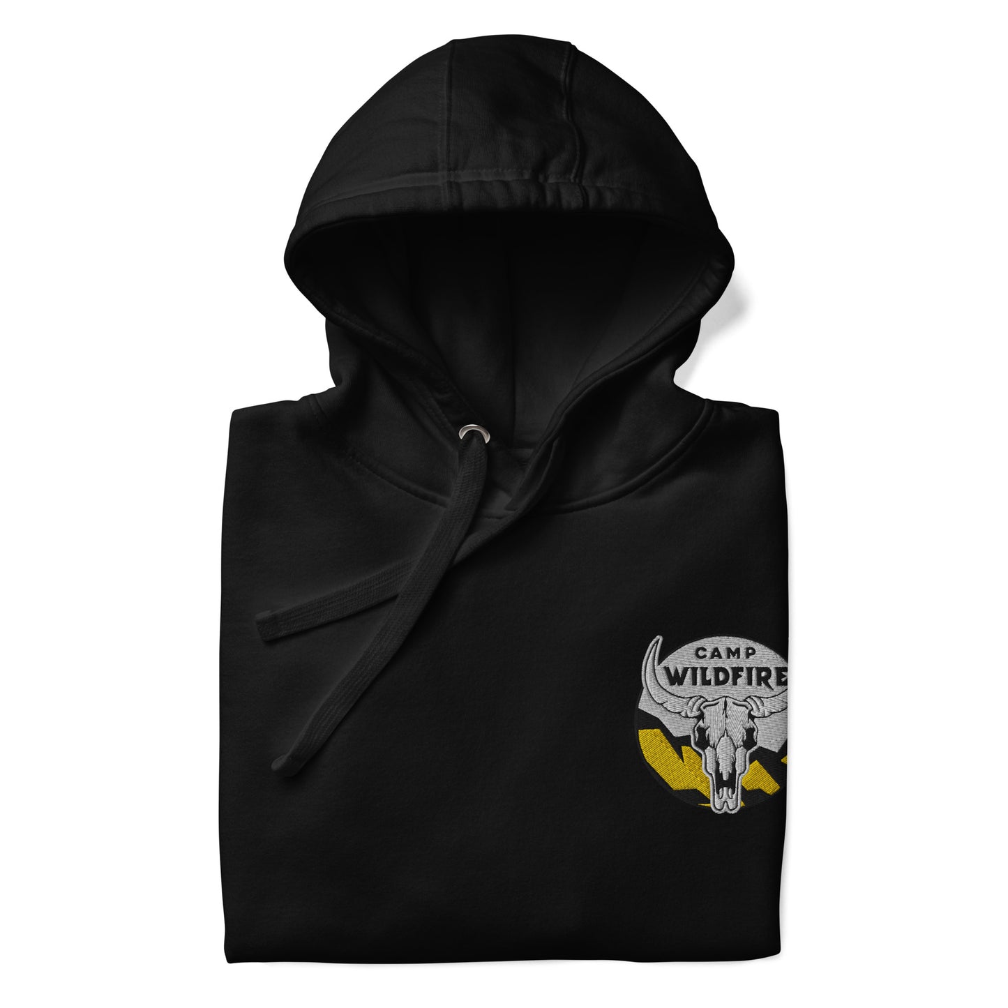 Wildfire Cigars embroidered bison skull on the left chest of a black premium hoodie folded