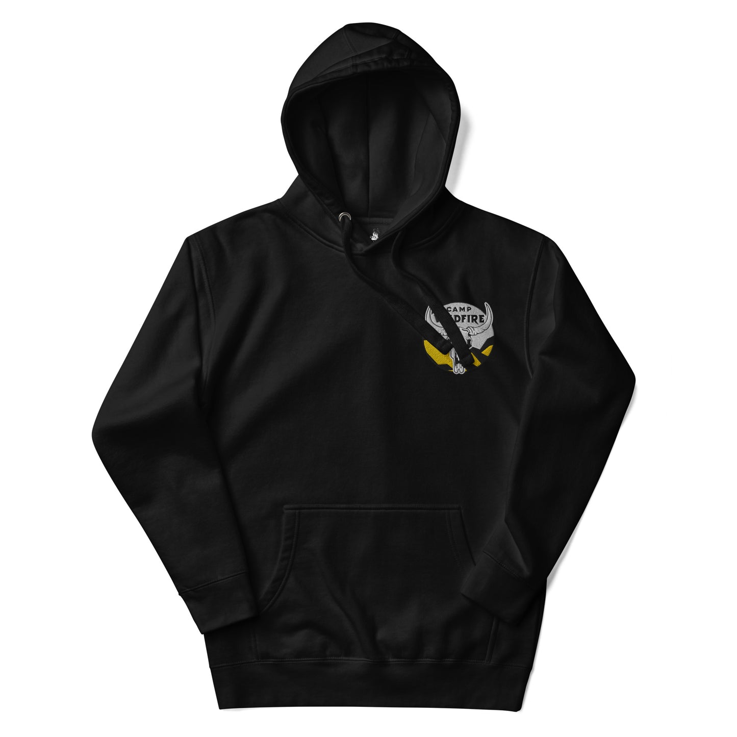 Wildfire Cigars embroidered bison skull on the left chest of a black premium hoodie facing the front