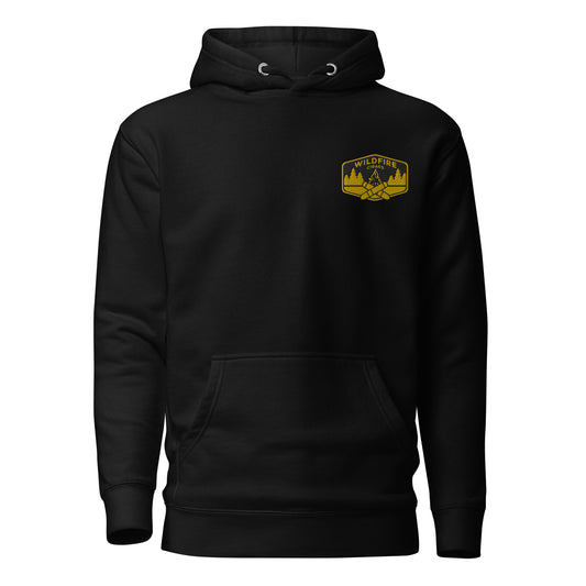 Wildfire Cigars embroidered left chest in gold on black premium hoodie facing the front