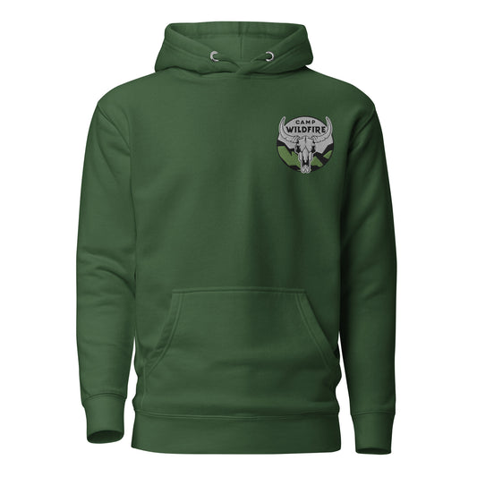Wildfire Cigars embroidered bison skull on the left chest of a forest green premium hoodie facing the front