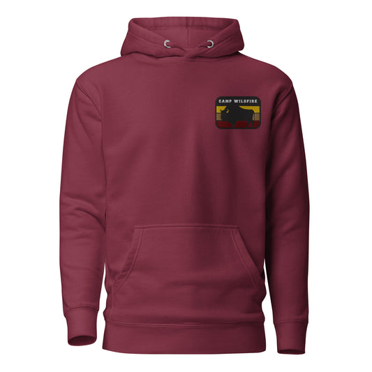 Wildfire Cigars embroidered Camp Wildfire bison maroon hoodie front view