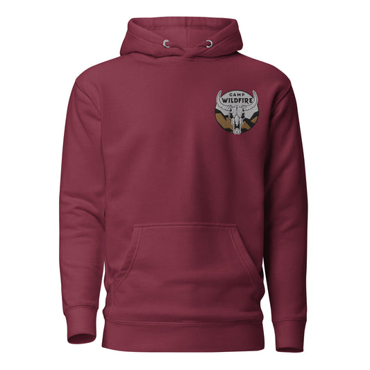 Wildfire Cigars embroidered bison skull maroon hoodie front view