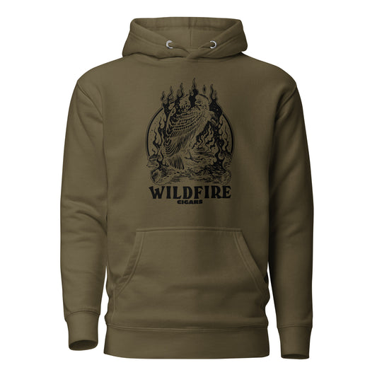 Wildfire Cigars Vulture on military green premium cigar hoodie front view