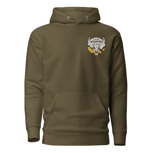 Wildfire Cigars embroidered bison skull camp wildfire military green premium cigar hoodie front view