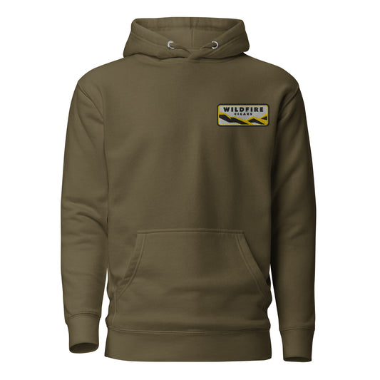 Wildfire Cigars embroidered left chest military green premium hoodie facing the front