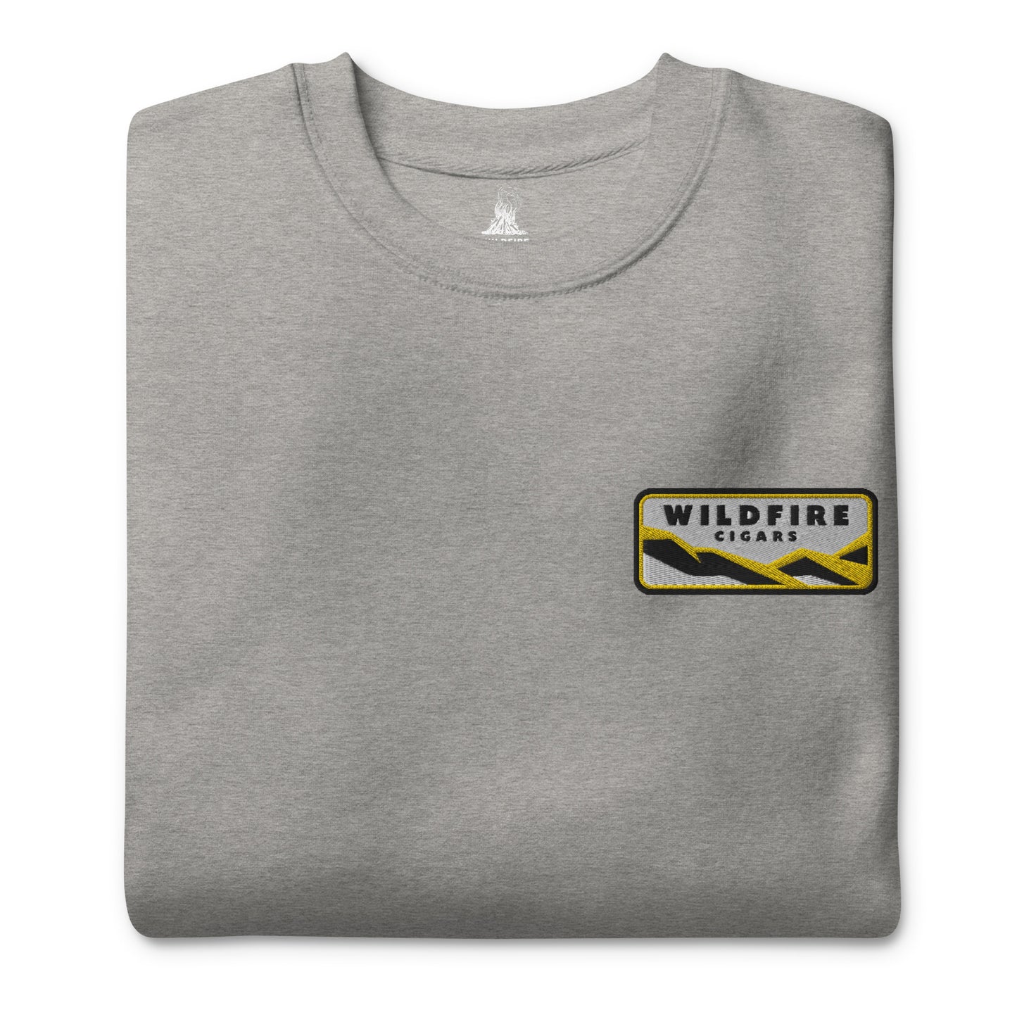 Wildfire Cigars embroidered left chest on carbon grey premium sweatshirt folded