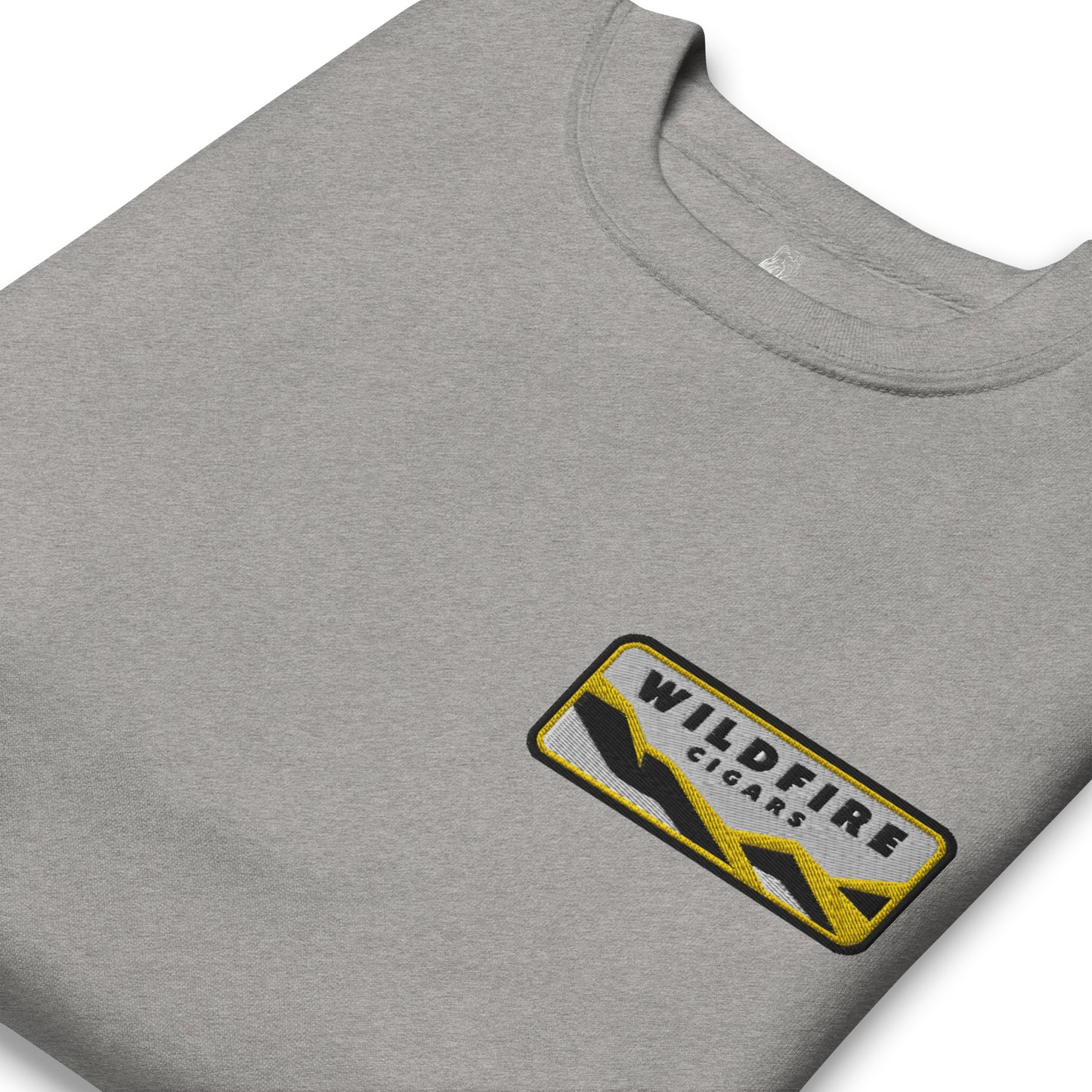 Wildfire Cigars embroidered left chest on carbon grey premium sweatshirt folded