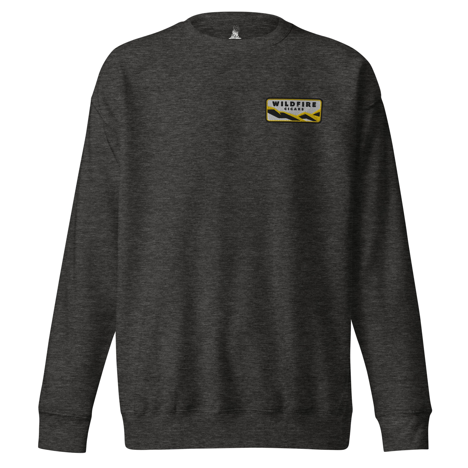 Wildfire Cigars embroidered left chest on charcoal premium sweatshirt facing the front