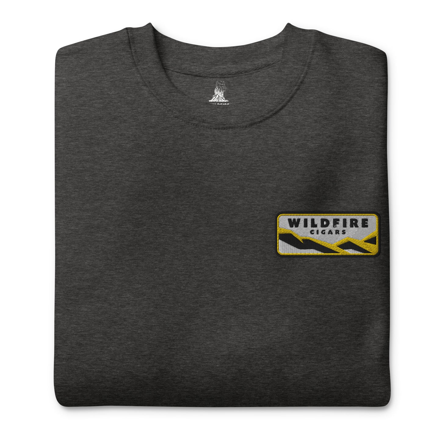 Wildfire Cigars embroidered left chest on charcoal premium sweatshirt folded