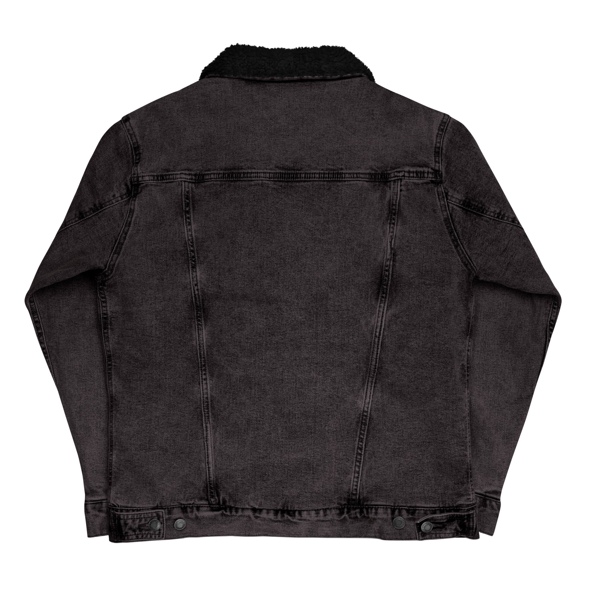 Wildfire Cigars embroidered black denim sherpa jacket facing the back