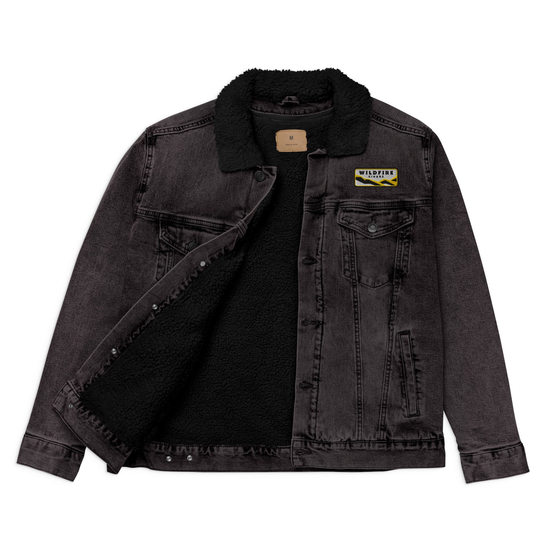 Wildfire Cigars embroidered black denim sherpa jacket facing the front