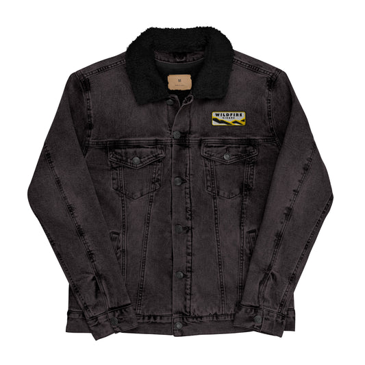 Wildfire Cigars embroidered black denim sherpa jacket facing the front