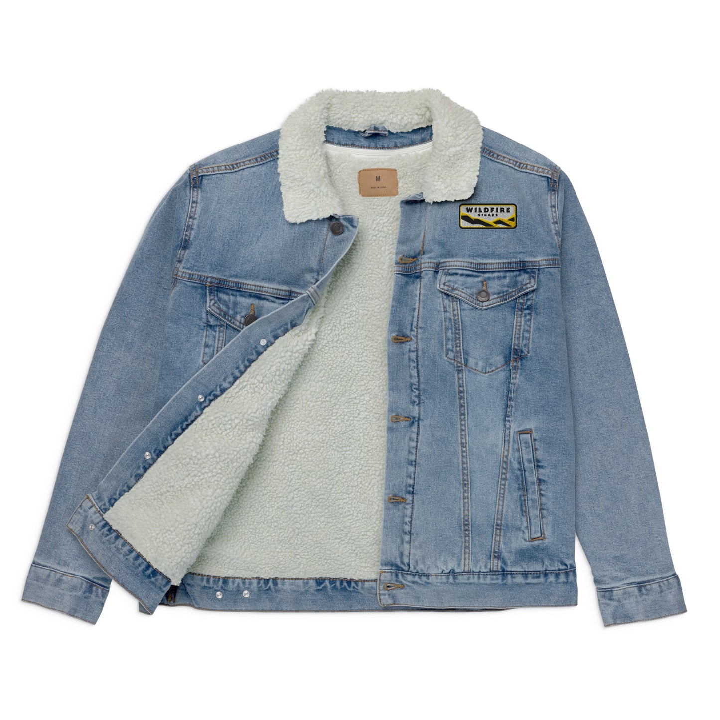 Wildfire Cigars embroidered denim sherpa jacket facing the front