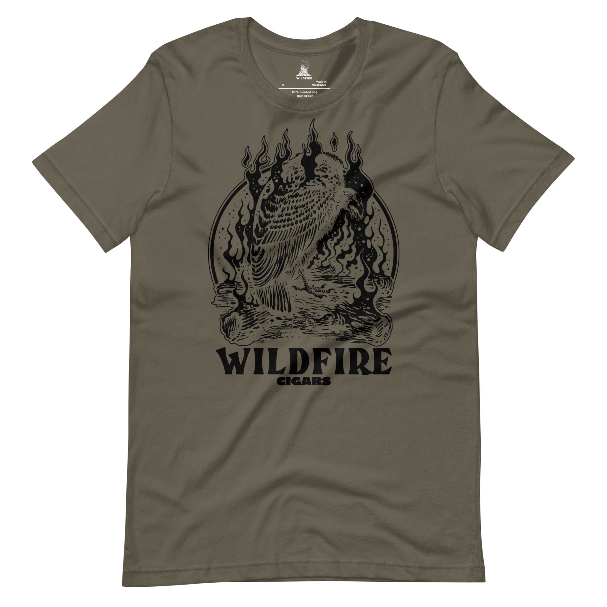 Wildfire Cigars black Vulture on military green cigar tshirt front view