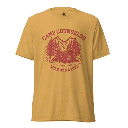 Wildfire Cigars Camp Counselor tri-blend red on mustard t-shirt from the front