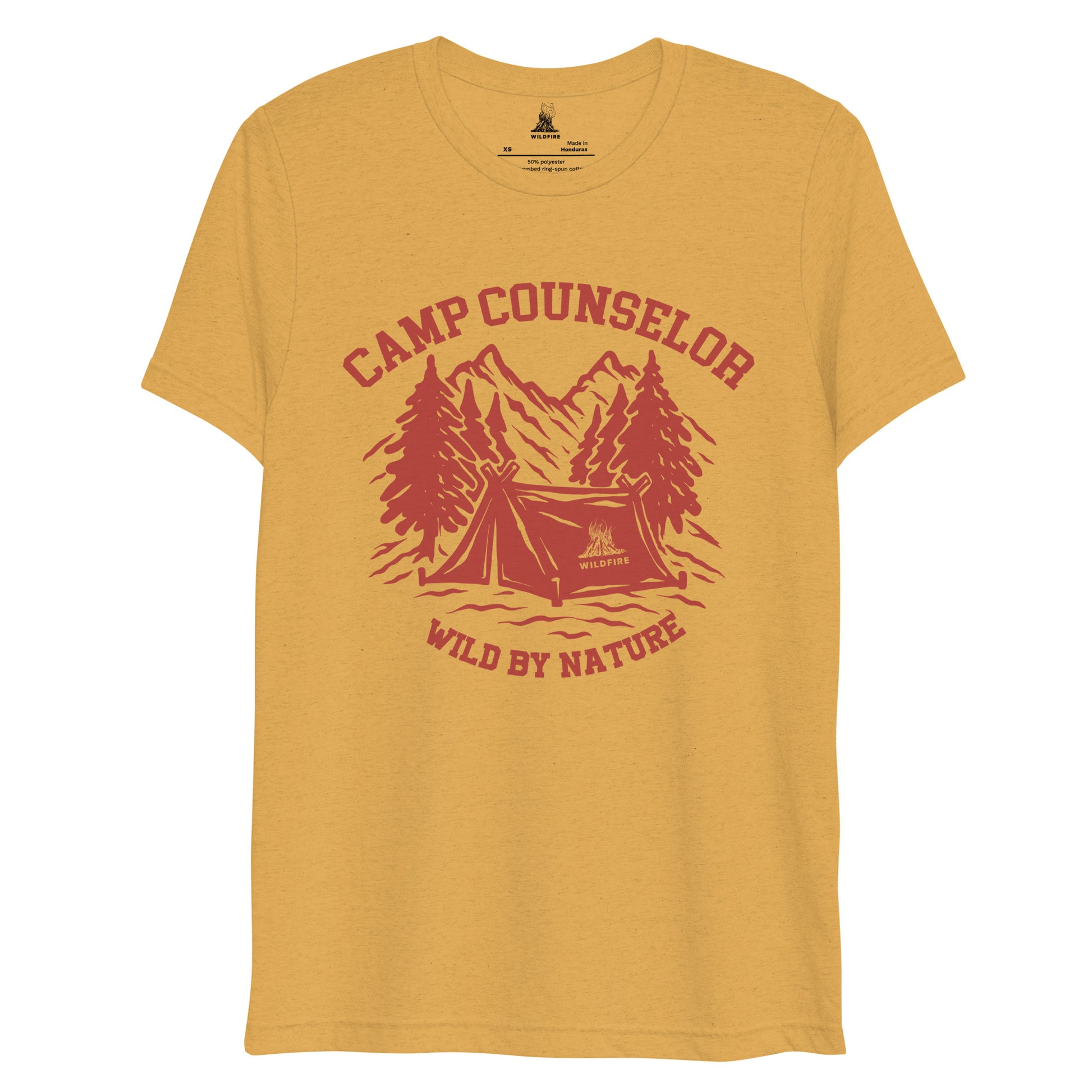 Wildfire Cigars Camp Counselor tri-blend red on mustard t-shirt from the front