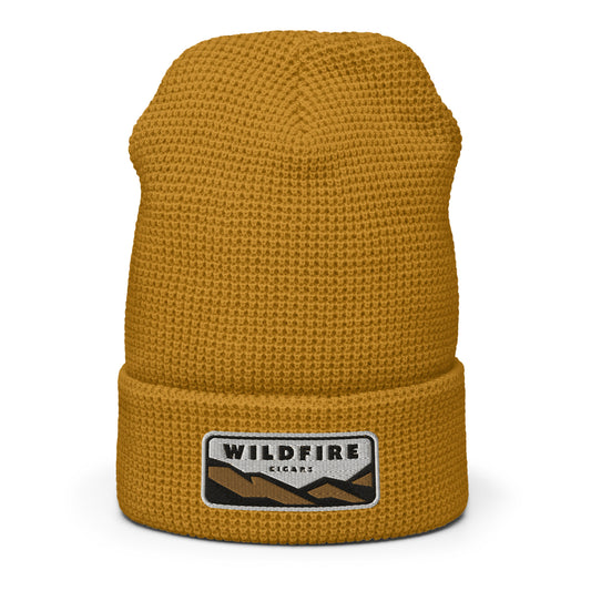 Wildfire Cigars embroidered waffle beanie in camel front view